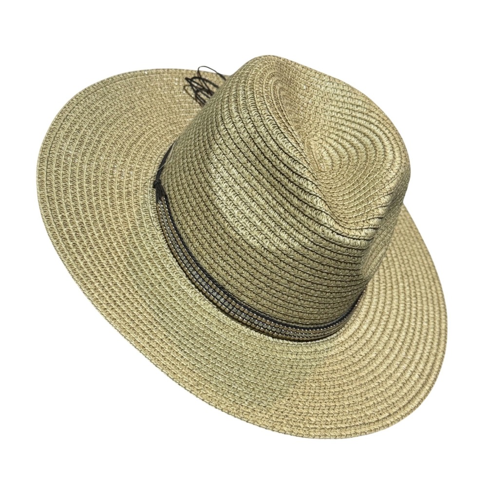 Lulla Collection Straw Fedora Hat OS Metallic Beaded Band Boho Western